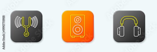 Set line Musical tuning fork, Stereo speaker and Headphones icon. Vector