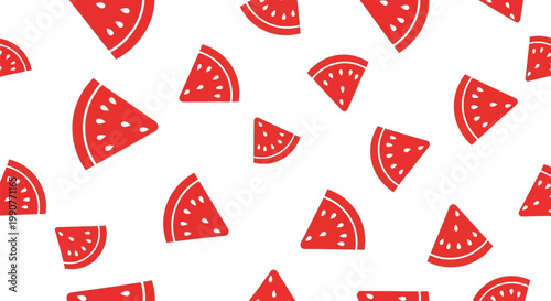 Seamless pattern of red watermelon slices with seeds scattered across the surface.