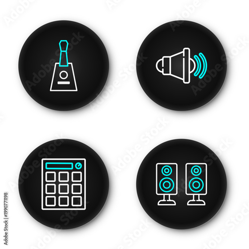 Set line Stereo speaker, Drum machine, Speaker volume and Balalaika icon. Vector