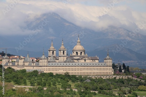 Telephoto of Royal Site of San Lorenzo de El Escorial, Spain, with the Sierra de Guadarrama behind.