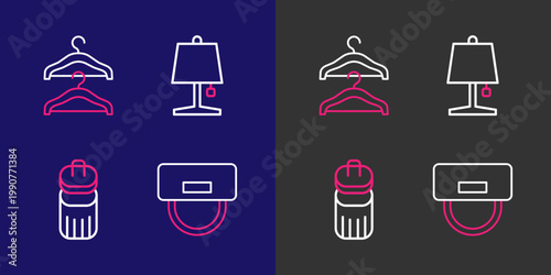 Set line Bellboy hat, Trash can, Table lamp and Hanger wardrobe icon. Vector