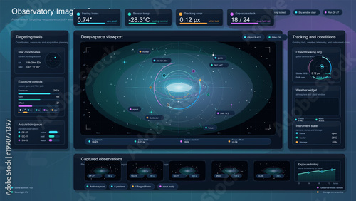 Dark astronomy observatory dashboard interface with deep-space viewport, telescope targeting tools, exposure metrics, and tracking panels.