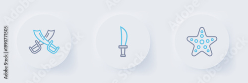 Set line Starfish, Pirate sword and Crossed pirate swords icon. Vector