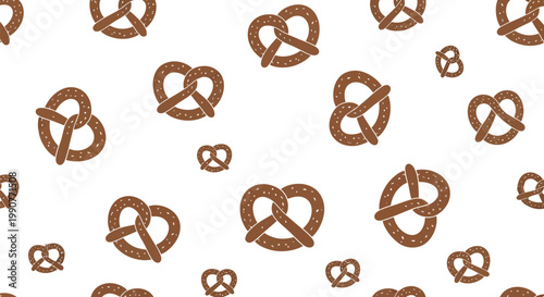 Seamless pattern of delicious brown pretzels scattered across a clean white surface