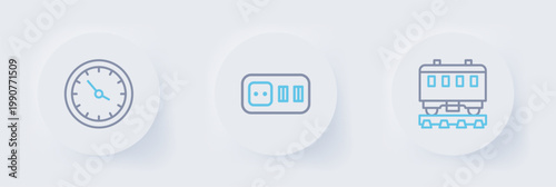 Set line Passenger train cars, Electrical outlet and Train station clock icon. Vector