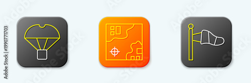 Set line Box flying on parachute, World travel map and Cone meteorology windsock icon. Vector