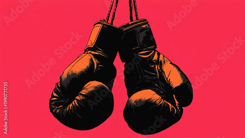 A detailed illustration of hanging black boxing gloves in a studio