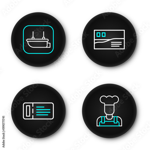Set line Cook, Cruise ticket, Postcard travel and Lifeboat icon. Vector