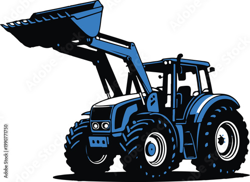 A modern tractor equipped with a front loader bucket attachment for heavy-duty tasks