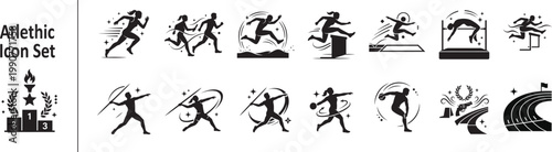 Track and Field Athlete Icon Set with Running, Jumping, and Throwing Events Silhouette Vector Illustration 