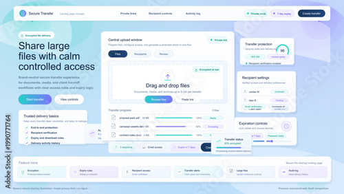 Secure file transfer landing page interface with upload window, recipient settings, encryption status, and expiration controls in pastel UI