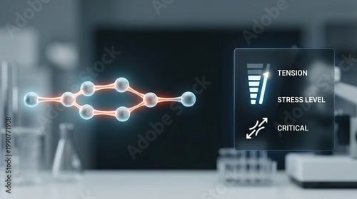 Molecule cluster with glowing bonds and stress level indicators in laboratory setting showing tension and critical stress, conveying scientific analysis and emotional strain