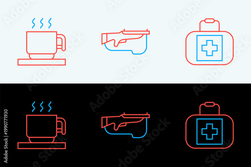 Set line First aid kit, Hot chocolate cup and Biathlon rifle icon. Vector