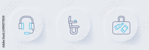 Set line Suitcase, Airplane seat and Headphones with microphone icon. Vector