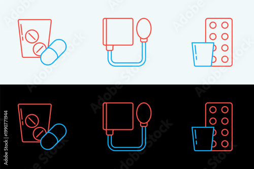 Set line Pills in blister pack, Medicine pill or tablet and Blood pressure icon. Vector