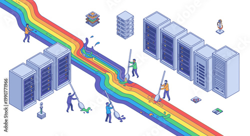 Creative concept of data flow and digital transformation, with rainbow stream and server racks