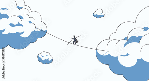 A person walks a tightrope between clouds, symbolizing balance, risk, and reaching for dreams