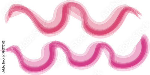 Set of abstract pink watercolor wavy brush strokes and hand drawn liquid paint swirls on white background