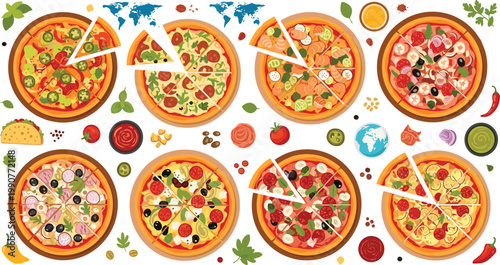  Flat Style Global Pizza Varieties Collection Set with World Map, International Toppings, and Fresh Ingredients for Restaurant and Menu Designs