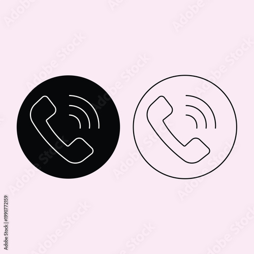 Set of telephone receiver icons with signal waves in solid black circle and thin line art style for communication