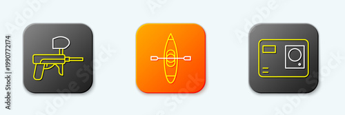 Set line Paintball gun, Kayak or canoe and Action extreme camera icon. Vector