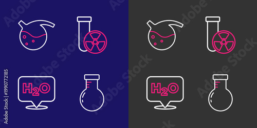 Set line Test tube and flask, Chemical formula for H2O, radiation and icon. Vector