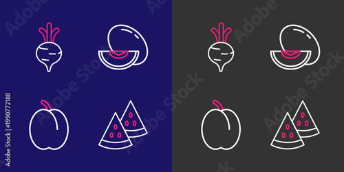 Set line Watermelon, Plum fruit, Melon and Beet icon. Vector