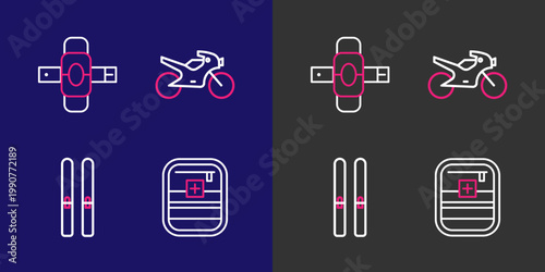 Set line First aid kit, Ski and sticks, Motorcycle and Knee pads icon. Vector