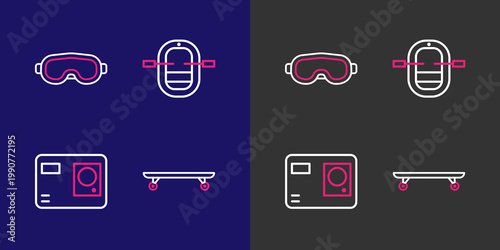 Set line Longboard or skateboard, Action extreme camera, Rafting boat and Ski goggles icon. Vector