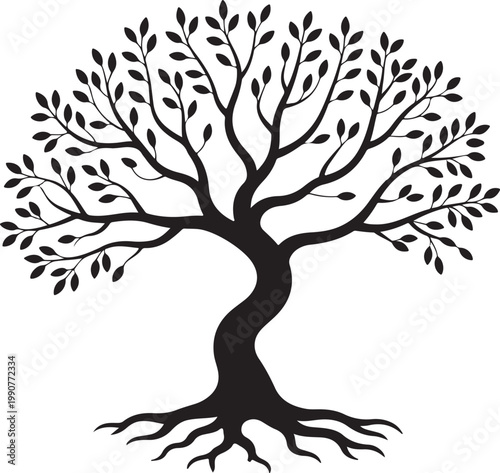 A majestic tree with sprawling branches and intricate root system depicted in black and white