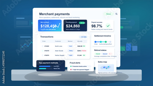 Modern merchant payments dashboard interface with transaction table, payout metrics, refund status, fraud alerts, and regional sales map