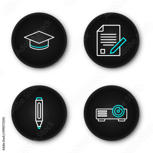 Set line Movie, film, media projector, Marker pen, Exam sheet and pencil and Graduation cap icon. Vector