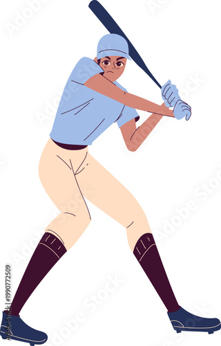 Determined cartoon baseball player in blue uniform holding bat in readytoswing batting stance.