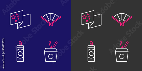 Set line Noodles in box and chopsticks, Firework, Chinese japanese folding fan and China flag icon. Vector