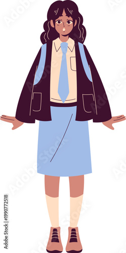 Flat vector illustration of a surprised schoolgirl in uniform dark wavy hair light blue tie standing with open palms.