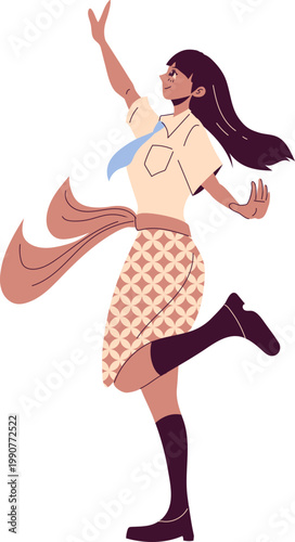 Energetic cartoon woman with dark hair light blue tie and flowing skirt raising one arm in a joyful pose.