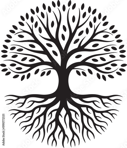 Ancient tree with extensive root system displaying nature's balance and strength