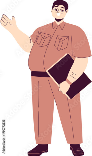 Smiling man in terracotta uniform presenting with raised hand holding a dark folder flat vector illustration.