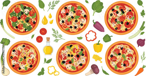  Flat Style Vegetarian Pizza Collection Set with Fresh Colorful Vegetables, Olive Oil, and Herbs for Restaurant and Menu Designs