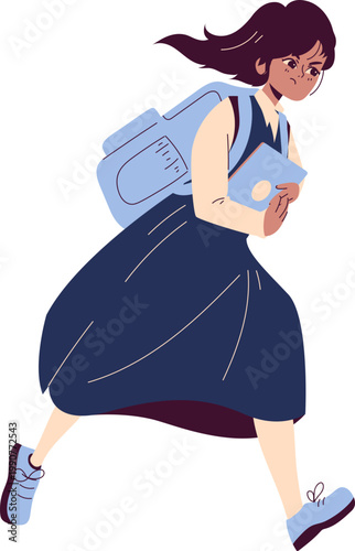 Rushing schoolgirl in navy uniform light blue backpack holding book worried expression flat illustration.