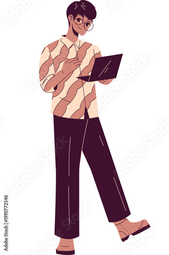 Modern flat illustration of a smiling person in glasses with laptop enveloped by flowing organic shapes.