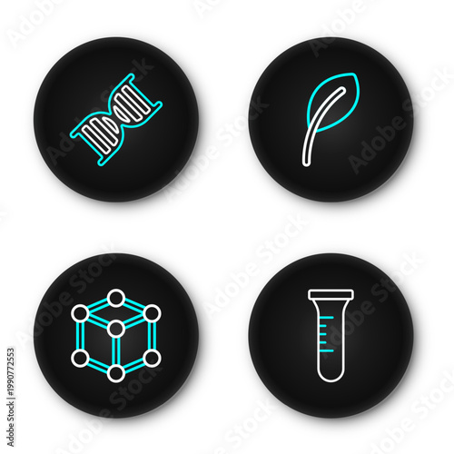 Set line Test tube and flask, Molecule, Leaf or leaves and DNA symbol icon. Vector