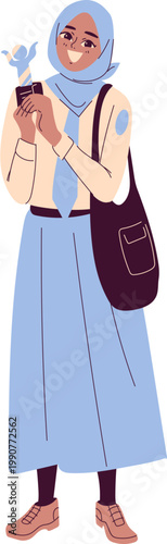 Smiling young woman in blue hijab and long skirt holding phone taking a selfie modern flat illustration.