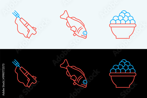 Set line Caviar, Fishing harpoon and icon. Vector