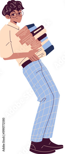 Young student in glasses carrying a stack of books wearing plaid pants flat illustration style.