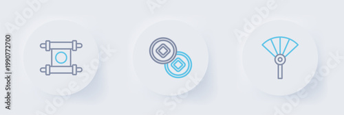 Set line Chinese or japanese folding fan, Yuan currency and Decree, paper, parchment, scroll icon. Vector