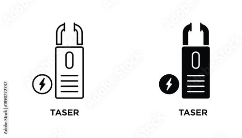 Taser stun gun security device icon set with lightning bolt symbol in outline and solid black for self defense concepts