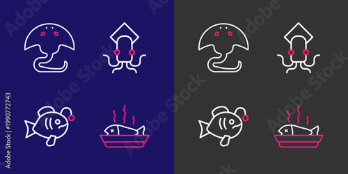Set line Served fish on a plate, Tropical, Octopus and Stingray icon. Vector