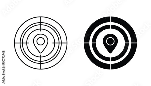 Location pin inside target crosshair icon set in outline and solid black style for navigation and mapping applications