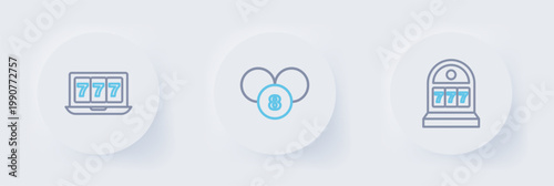 Set line Slot machine with jackpot, Lottery ball on bingo card and Online slot icon. Vector